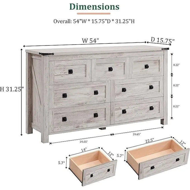 Cassettiera rustica a 7 cassetti con angoli in metallo e doppie maniglie in metallo – Quercia rustica chiara / Bianco antico / Quercia rustica scura / Legno di recupero / Bianco spazzolato antico, Singola