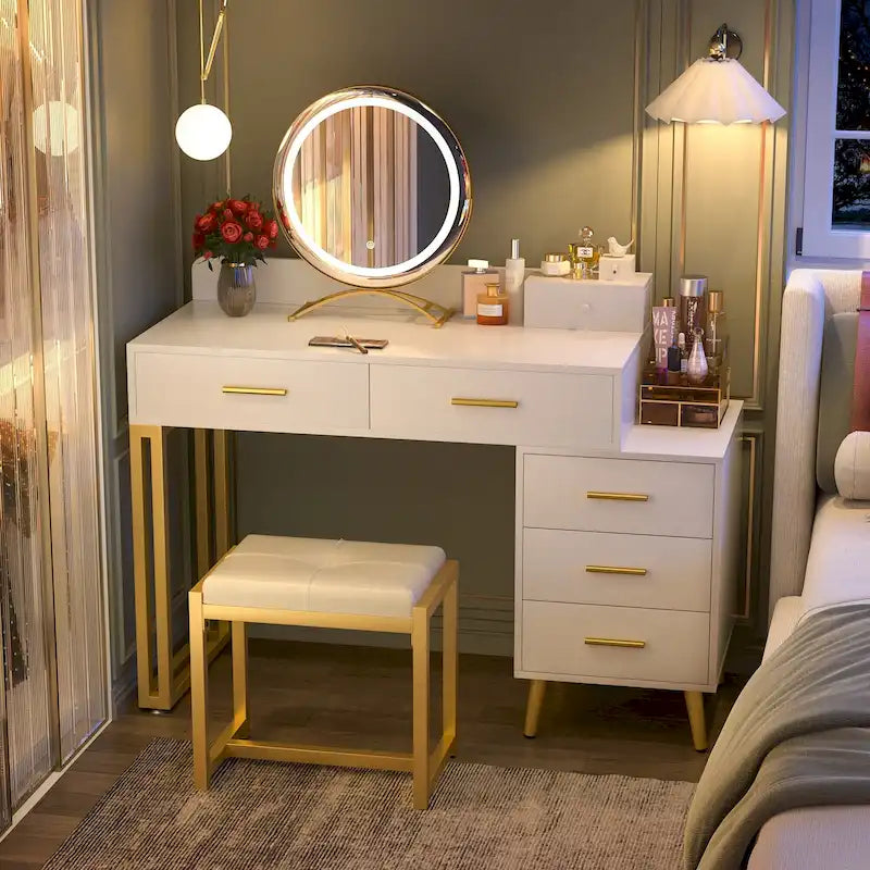 Toeletta per trucco con specchio rotondo a LED, 6 cassetti e sgabello imbottito – Bianco / Rosa / Bianco e ciano / Nero, Singolo