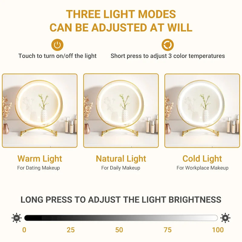 Toeletta per trucco con specchio rotondo a LED, 6 cassetti e sgabello imbottito – Bianco / Rosa / Bianco e ciano / Nero, Singolo