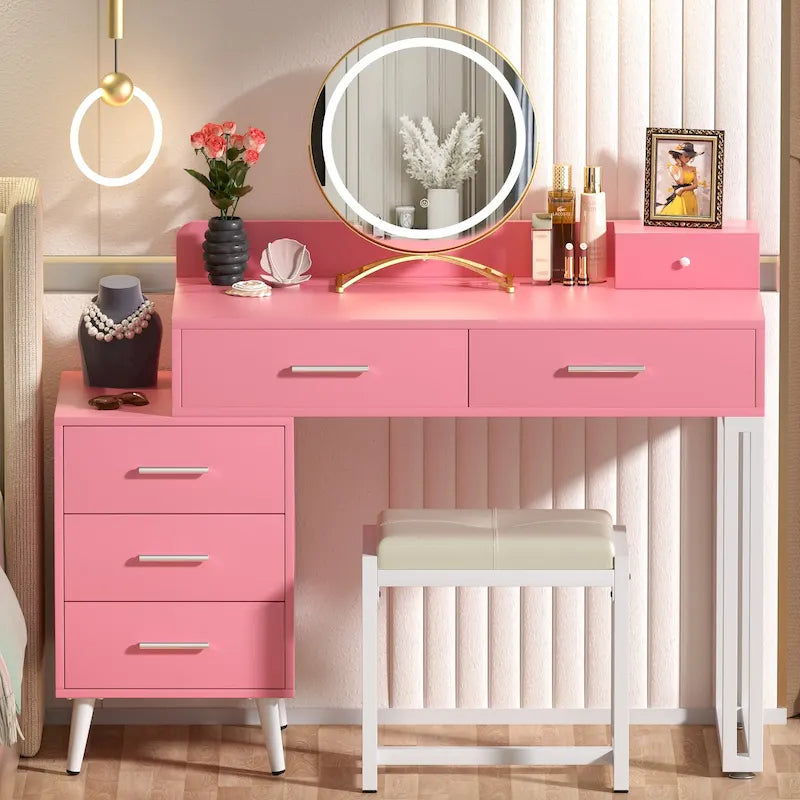 Toeletta per trucco con specchio rotondo a LED, 6 cassetti e sgabello imbottito – Bianco / Rosa / Bianco e ciano / Nero, Singolo
