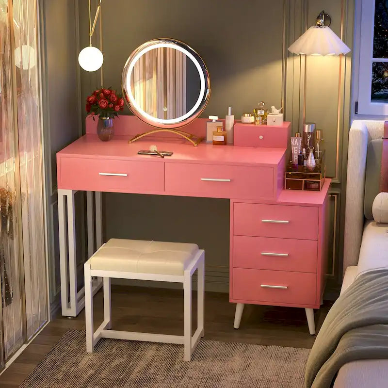 Toeletta per trucco con specchio rotondo a LED, 6 cassetti e sgabello imbottito – Bianco / Rosa / Bianco e ciano / Nero, Singolo