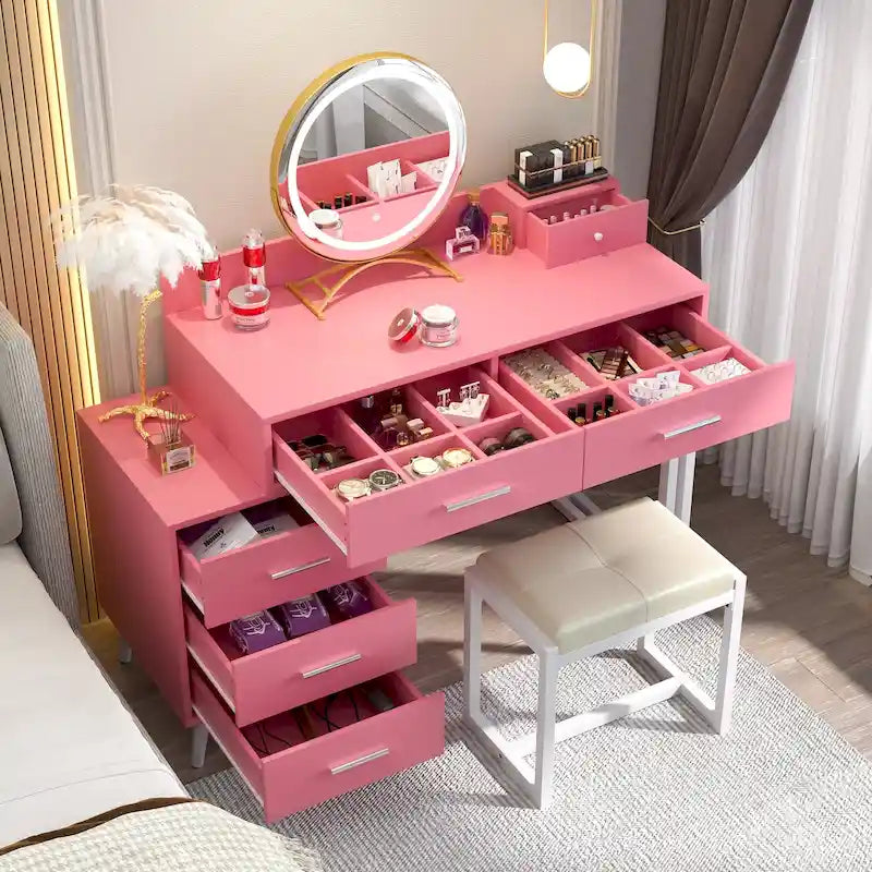 Toeletta per trucco con specchio rotondo a LED, 6 cassetti e sgabello imbottito – Bianco / Rosa / Bianco e ciano / Nero, Singolo