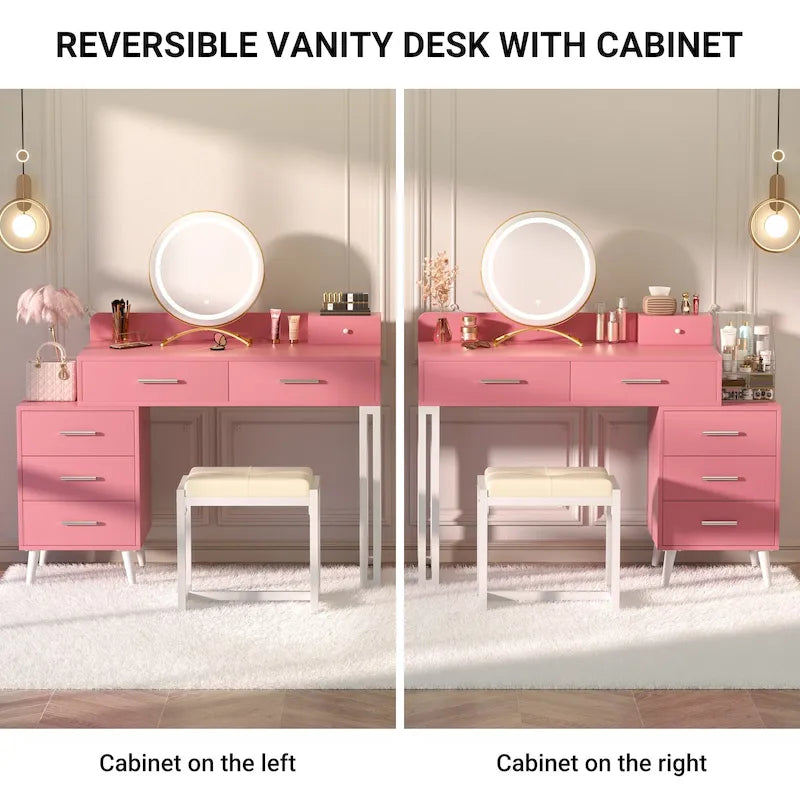 Toeletta per trucco con specchio rotondo a LED, 6 cassetti e sgabello imbottito – Bianco / Rosa / Bianco e ciano / Nero, Singolo