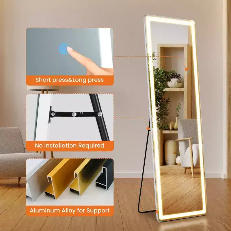 Specchio intero rettangolare senza cornice JIONJOY a LED con 3 colori