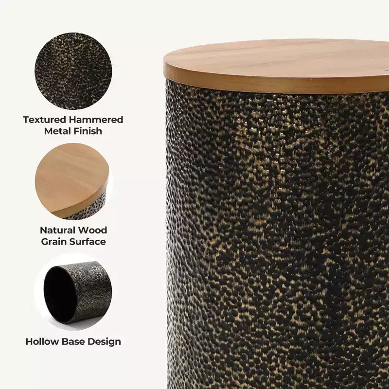 LuxenHome 20,3 Tavolino rotondo, Tavolino in ferro con ripiano in legno, Martellato nero e oro, Piccolo tavolino per soggiorno, camera da letto, divano Multicolore