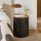 LuxenHome 20,3 Tavolino rotondo, Tavolino in ferro con ripiano in legno, Martellato nero e oro, Piccolo tavolino per soggiorno, camera da letto, divano Multicolore