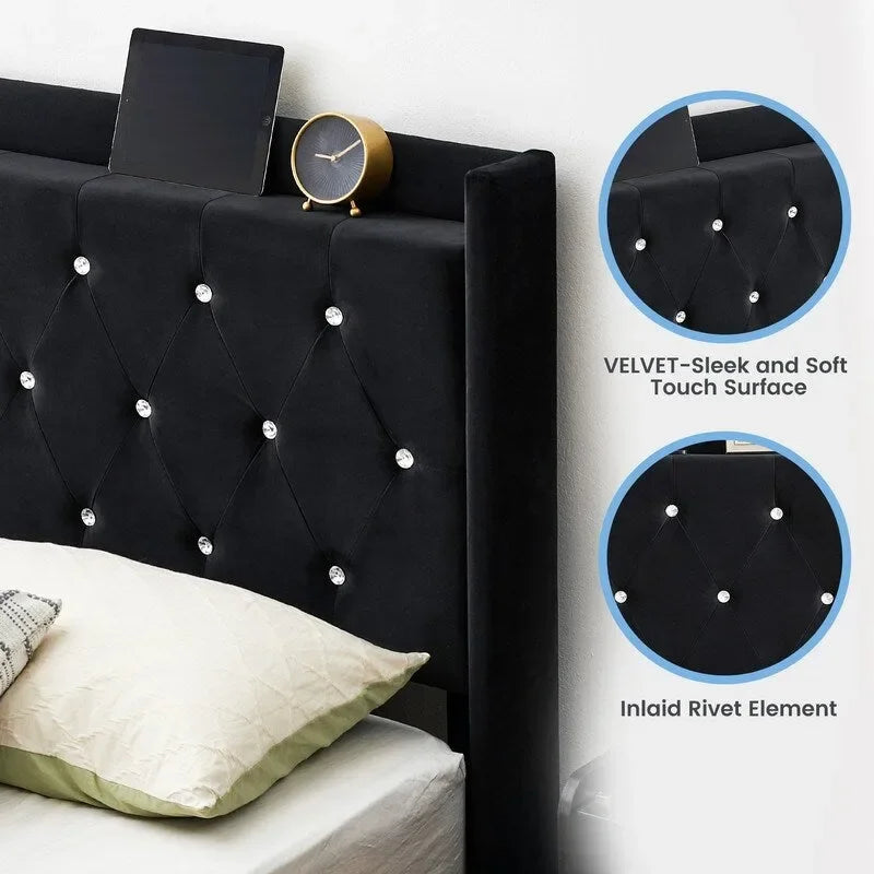 Struttura letto imbottita flottante con luci LED RGB e testiera contenitore – Nera, Matrimoniale / Queen, 2 posti letto