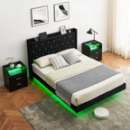 Struttura letto imbottita flottante con luci LED RGB e testiera contenitore – Nera, Matrimoniale / Queen, 2 posti letto