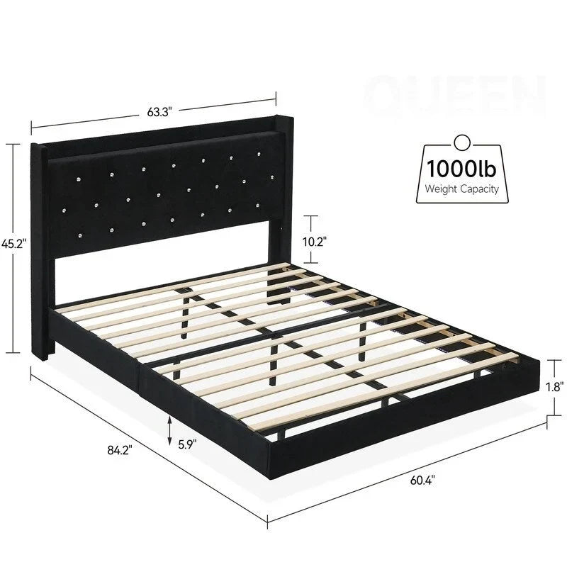Struttura letto imbottita flottante con luci LED RGB e testiera contenitore – Nera, Matrimoniale / Queen, 2 posti letto