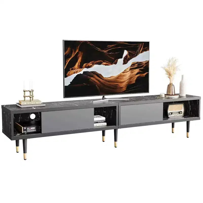 Bestier 80 Supporto TV Moderno di Metà Secolo Mobile Porta TV per Televisori fino a 85 Pollici, Console TV Lunga 2-in-1, Tavolino Quadrato con Anta Scorrevole