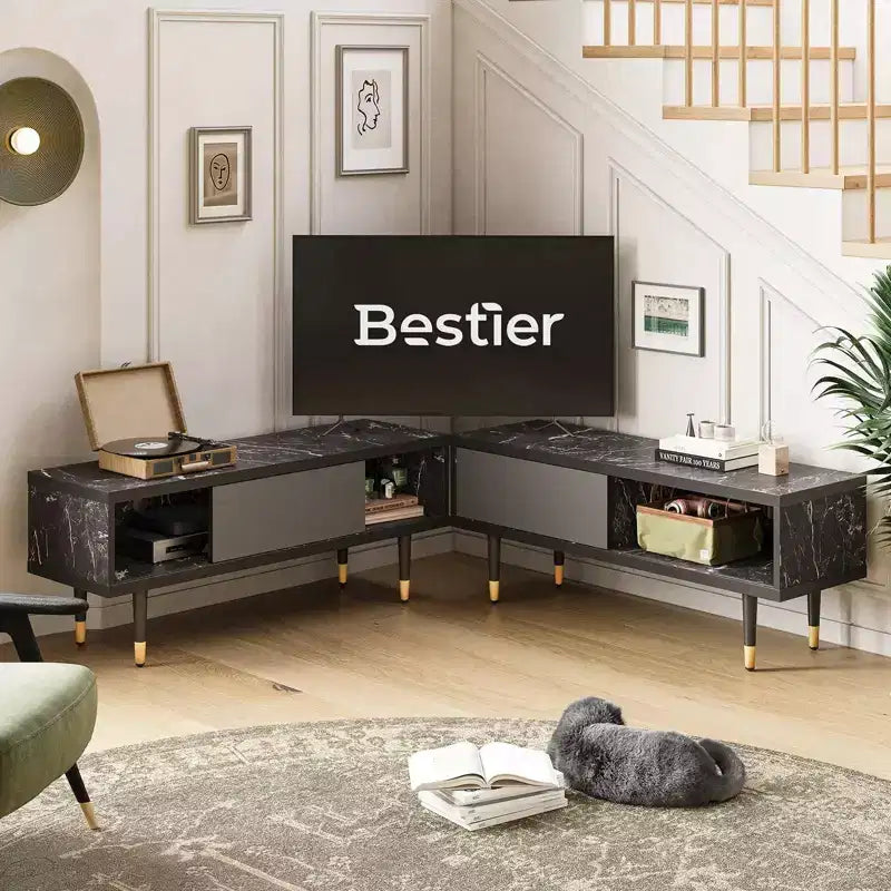 Bestier 80 Supporto TV Moderno di Metà Secolo Mobile Porta TV per Televisori fino a 85 Pollici, Console TV Lunga 2-in-1, Tavolino Quadrato con Anta Scorrevole