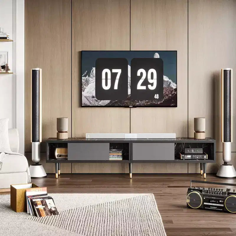 Bestier 80 Supporto TV Moderno di Metà Secolo Mobile Porta TV per Televisori fino a 85 Pollici, Console TV Lunga 2-in-1, Tavolino Quadrato con Anta Scorrevole