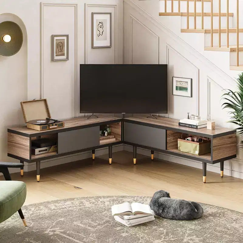 Bestier 80 Supporto TV Moderno di Metà Secolo Mobile Porta TV per Televisori fino a 85 Pollici, Console TV Lunga 2-in-1, Tavolino Quadrato con Anta Scorrevole