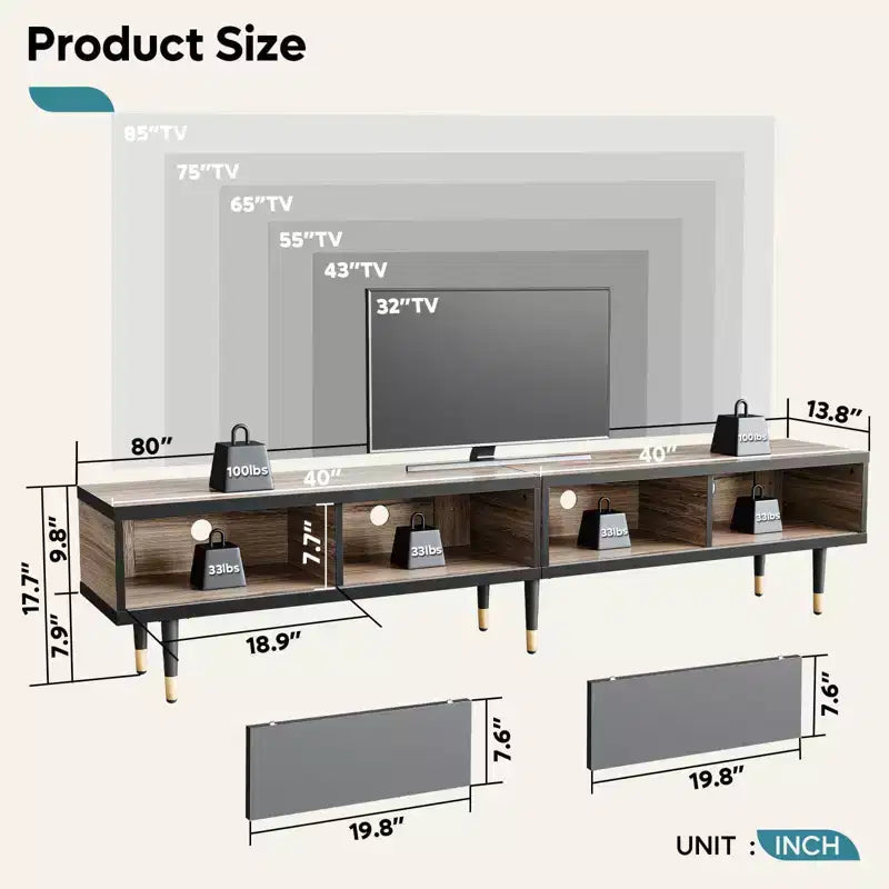 Bestier 80 Supporto TV Moderno di Metà Secolo Mobile Porta TV per Televisori fino a 85 Pollici, Console TV Lunga 2-in-1, Tavolino Quadrato con Anta Scorrevole