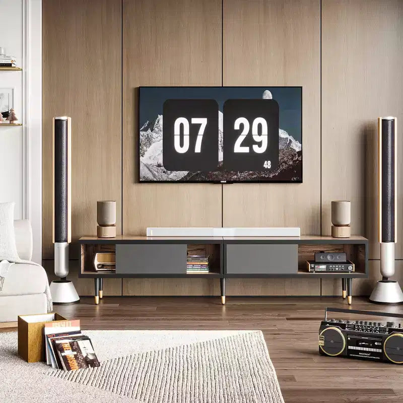 Bestier 80 Supporto TV Moderno di Metà Secolo Mobile Porta TV per Televisori fino a 85 Pollici, Console TV Lunga 2-in-1, Tavolino Quadrato con Anta Scorrevole