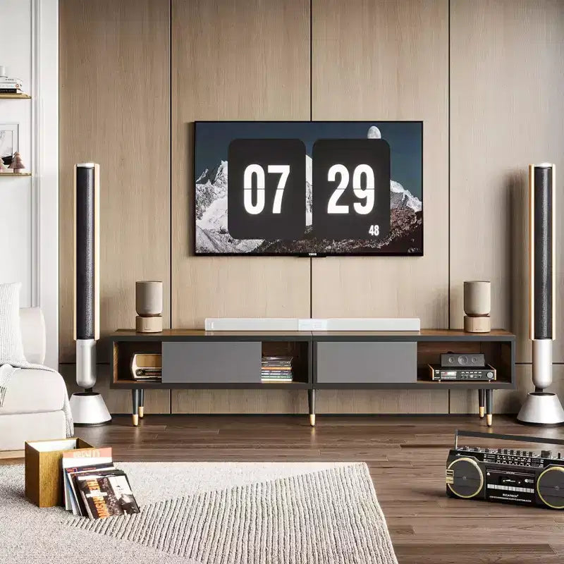 Bestier 80 Supporto TV Moderno di Metà Secolo Mobile Porta TV per Televisori fino a 85 Pollici, Console TV Lunga 2-in-1, Tavolino Quadrato con Anta Scorrevole