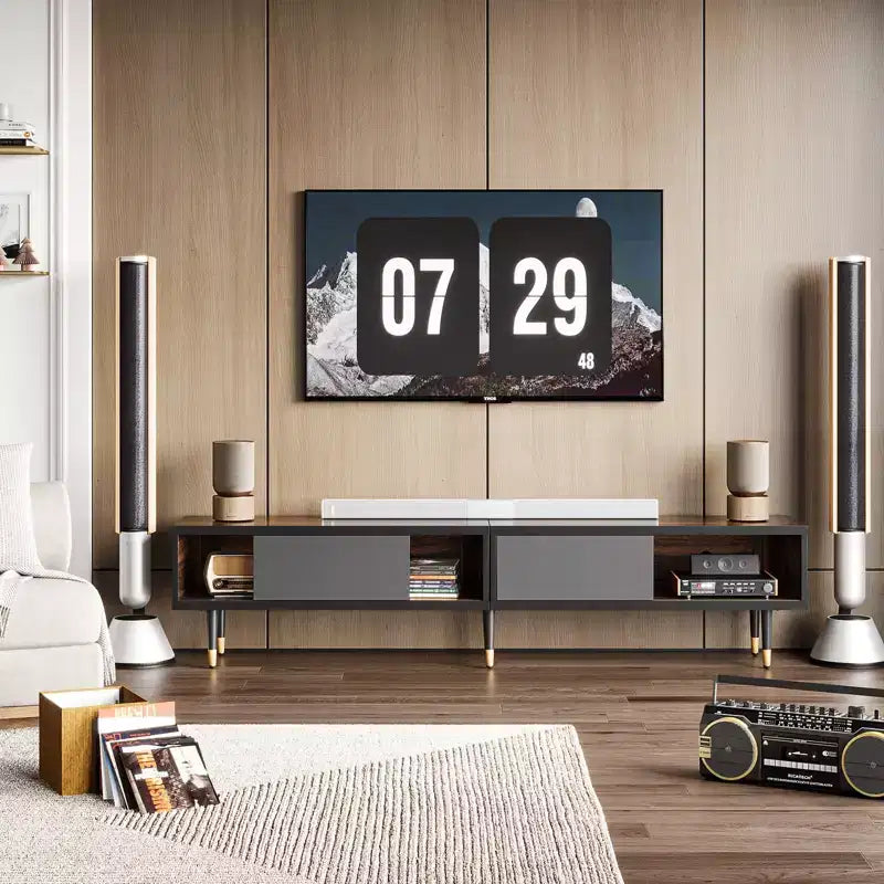 Bestier 80 Supporto TV Moderno di Metà Secolo Mobile Porta TV per Televisori fino a 85 Pollici, Console TV Lunga 2-in-1, Tavolino Quadrato con Anta Scorrevole