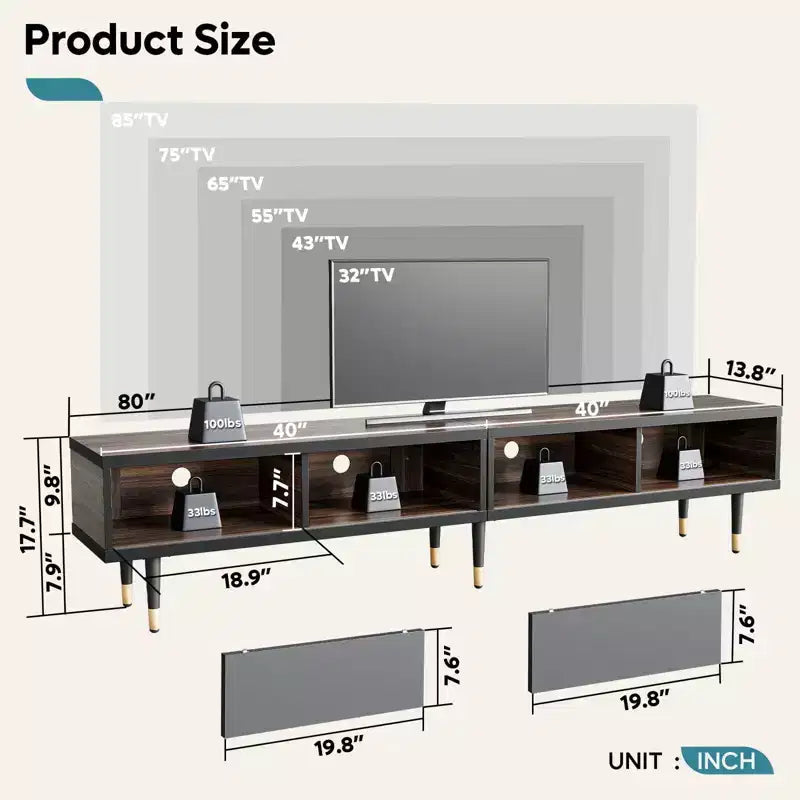 Bestier 80 Supporto TV Moderno di Metà Secolo Mobile Porta TV per Televisori fino a 85 Pollici, Console TV Lunga 2-in-1, Tavolino Quadrato con Anta Scorrevole