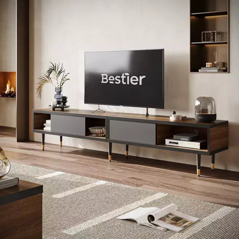 Bestier 80 Supporto TV Moderno di Metà Secolo Mobile Porta TV per Televisori fino a 85 Pollici, Console TV Lunga 2-in-1, Tavolino Quadrato con Anta Scorrevole