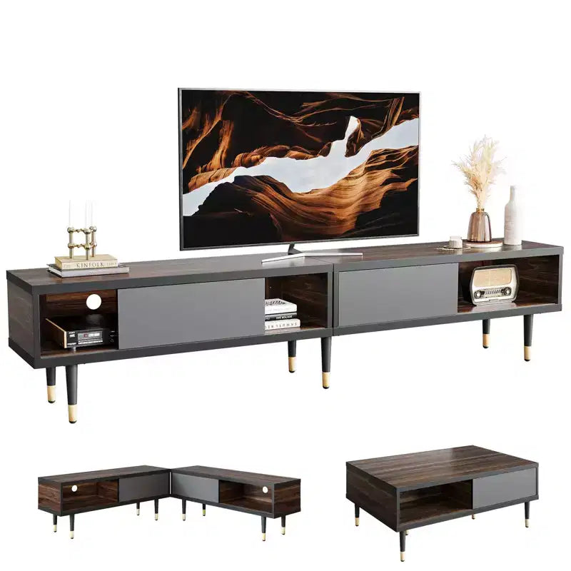 Bestier 80 Supporto TV Moderno di Metà Secolo Mobile Porta TV per Televisori fino a 85 Pollici, Console TV Lunga 2-in-1, Tavolino Quadrato con Anta Scorrevole