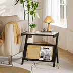 Tavolino d'appoggio in rattan con piano in vetro temperato, struttura in bambù intrecciato, comodino moderno nero