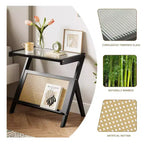 Tavolino d'appoggio in rattan con piano in vetro temperato, struttura in bambù intrecciato, comodino moderno nero