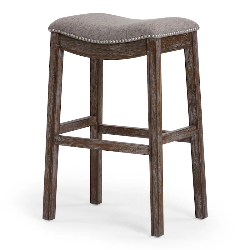 Sgabello da Bar Senza Schienale con Seduta Imbottita e Borchie – Legno Naturale Invecchiato / Espresso Consumato, Altezza Bancone / Bar, Singolo