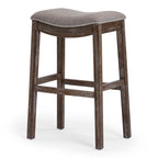 Sgabello da Bar Senza Schienale con Seduta Imbottita e Borchie – Legno Naturale Invecchiato / Espresso Consumato, Altezza Bancone / Bar, Singolo