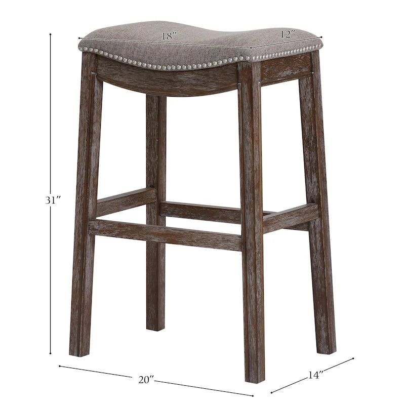Sgabello da Bar Senza Schienale con Seduta Imbottita e Borchie – Legno Naturale Invecchiato / Espresso Consumato, Altezza Bancone / Bar, Singolo