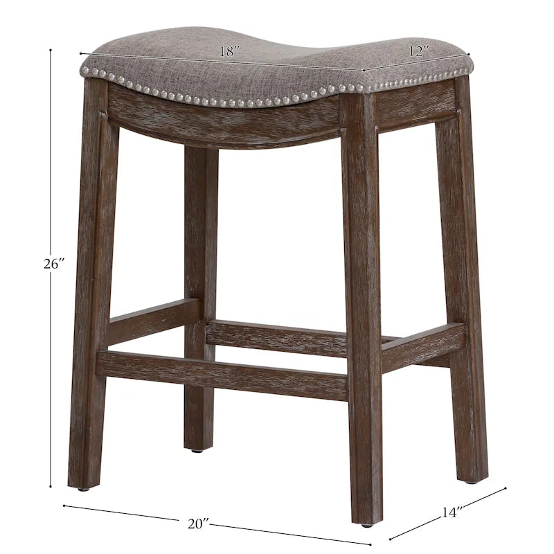 Sgabello da Bar Senza Schienale con Seduta Imbottita e Borchie – Legno Naturale Invecchiato / Espresso Consumato, Altezza Bancone / Bar, Singolo