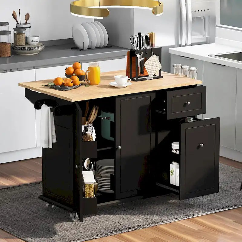 Carrello da Cucina Mobile con Piano Ribaltabile, Contenitore Estraibile a 3 Ripiani e Ruote Bloccabili – Blu / Bianco / Nero, Singolo
