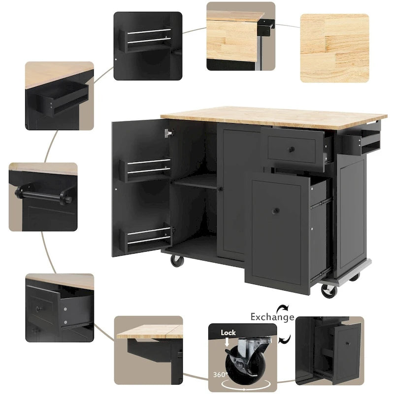 Carrello da Cucina Mobile con Piano Ribaltabile, Contenitore Estraibile a 3 Ripiani e Ruote Bloccabili – Blu / Bianco / Nero, Singolo
