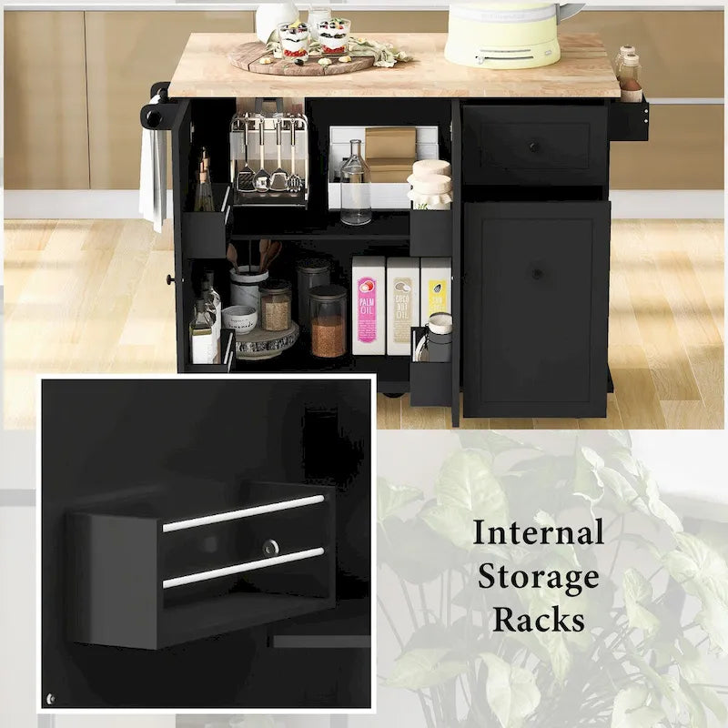 Carrello da Cucina Mobile con Piano Ribaltabile, Contenitore Estraibile a 3 Ripiani e Ruote Bloccabili – Blu / Bianco / Nero, Singolo
