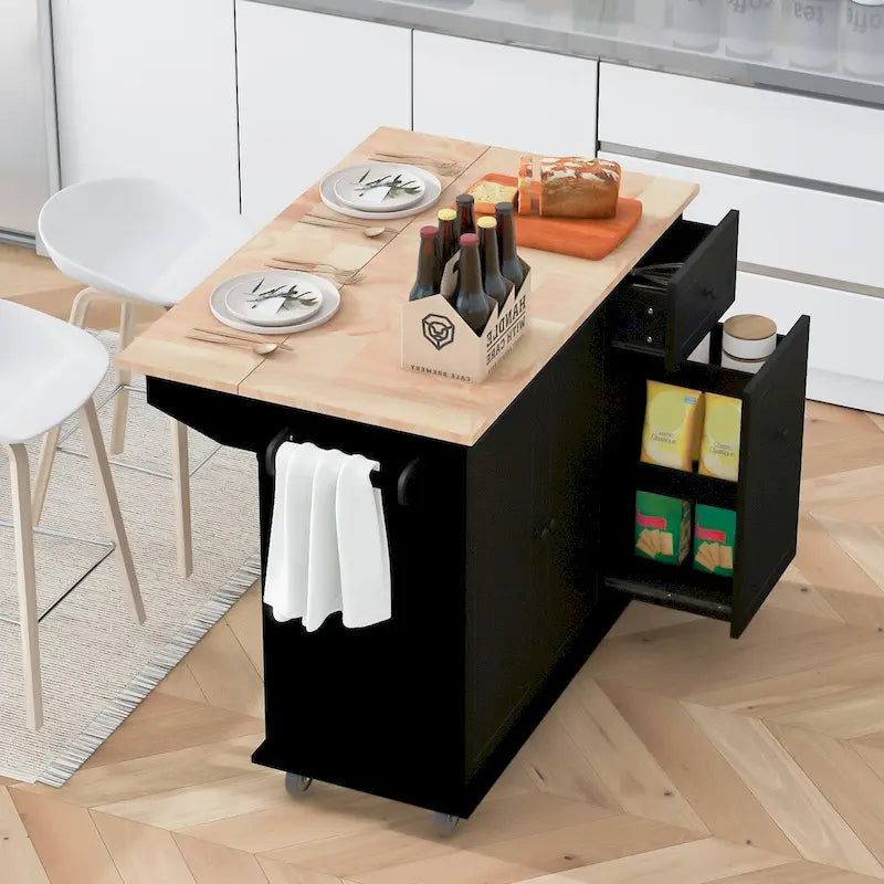 Carrello da Cucina Mobile con Piano Ribaltabile, Contenitore Estraibile a 3 Ripiani e Ruote Bloccabili – Blu / Bianco / Nero, Singolo