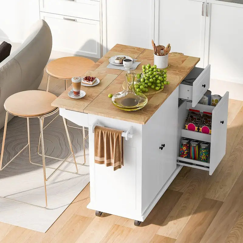 Carrello da Cucina Mobile con Piano Ribaltabile, Contenitore Estraibile a 3 Ripiani e Ruote Bloccabili – Blu / Bianco / Nero, Singolo