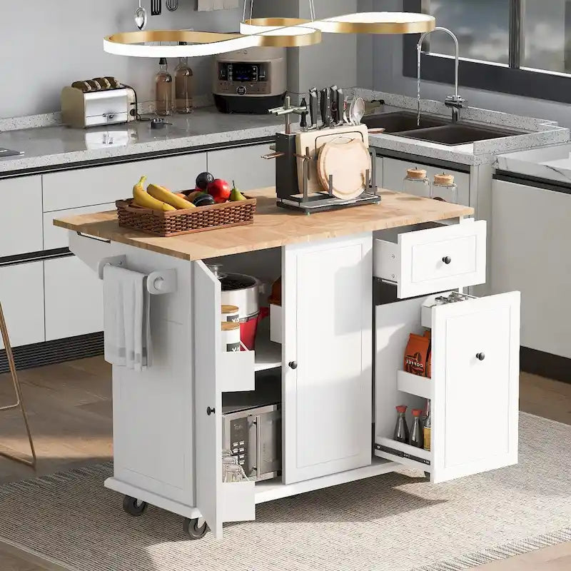 Carrello da Cucina Mobile con Piano Ribaltabile, Contenitore Estraibile a 3 Ripiani e Ruote Bloccabili – Blu / Bianco / Nero, Singolo