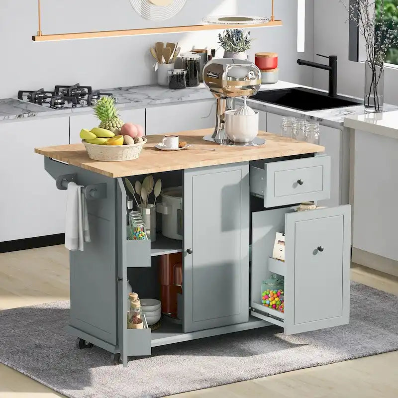 Carrello da Cucina Mobile con Piano Ribaltabile, Contenitore Estraibile a 3 Ripiani e Ruote Bloccabili – Blu / Bianco / Nero, Singolo