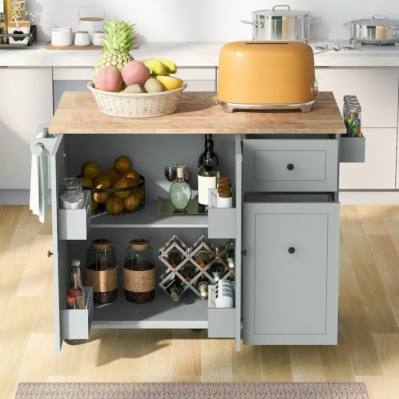 Carrello da Cucina Mobile con Piano Ribaltabile, Contenitore Estraibile a 3 Ripiani e Ruote Bloccabili – Blu / Bianco / Nero, Singolo