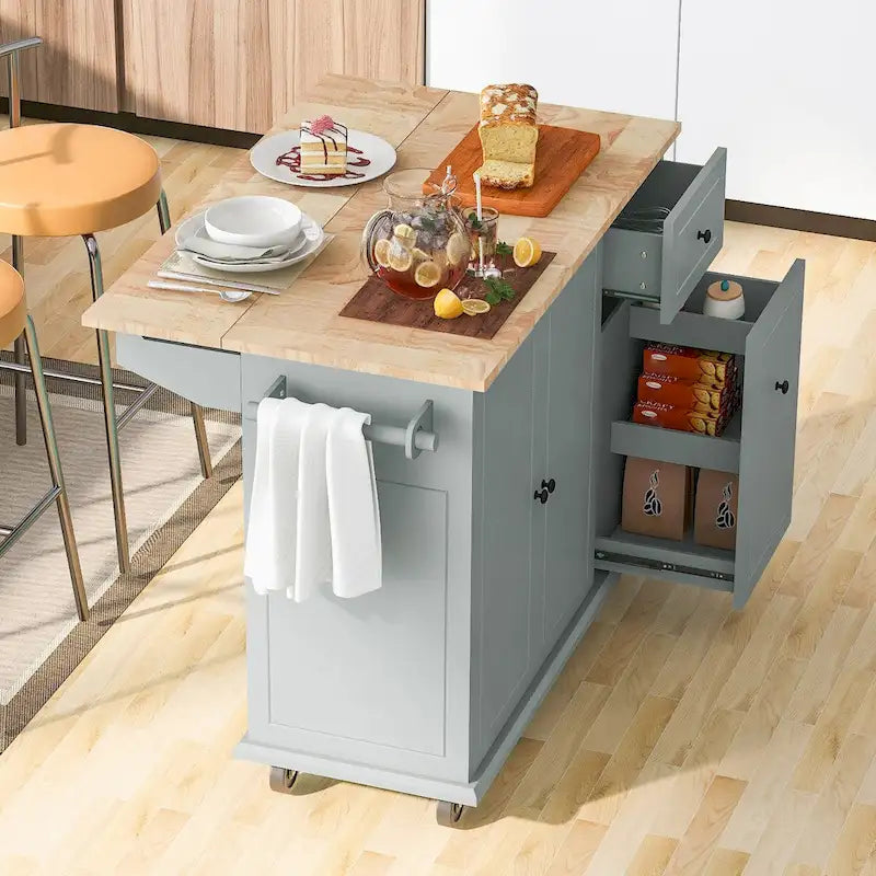 Carrello da Cucina Mobile con Piano Ribaltabile, Contenitore Estraibile a 3 Ripiani e Ruote Bloccabili – Blu / Bianco / Nero, Singolo