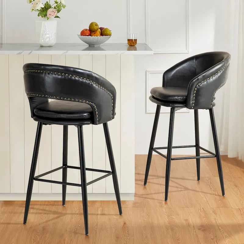 Sgabello da bar in similpelle stile moderno di metà secolo con borchie e gambe in metallo – Nero / Marrone
