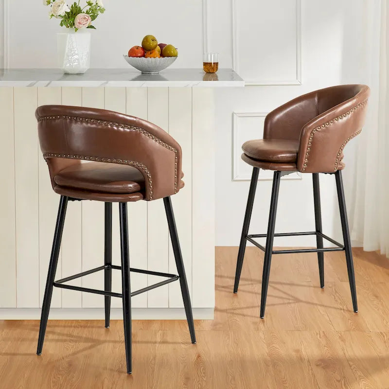Sgabello da bar in similpelle stile moderno di metà secolo con borchie e gambe in metallo – Nero / Marrone
