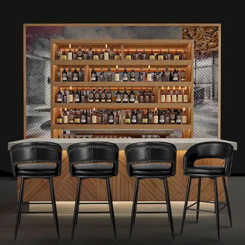 Sgabello da bar in similpelle stile moderno di metà secolo con borchie e gambe in metallo – Nero / Marrone