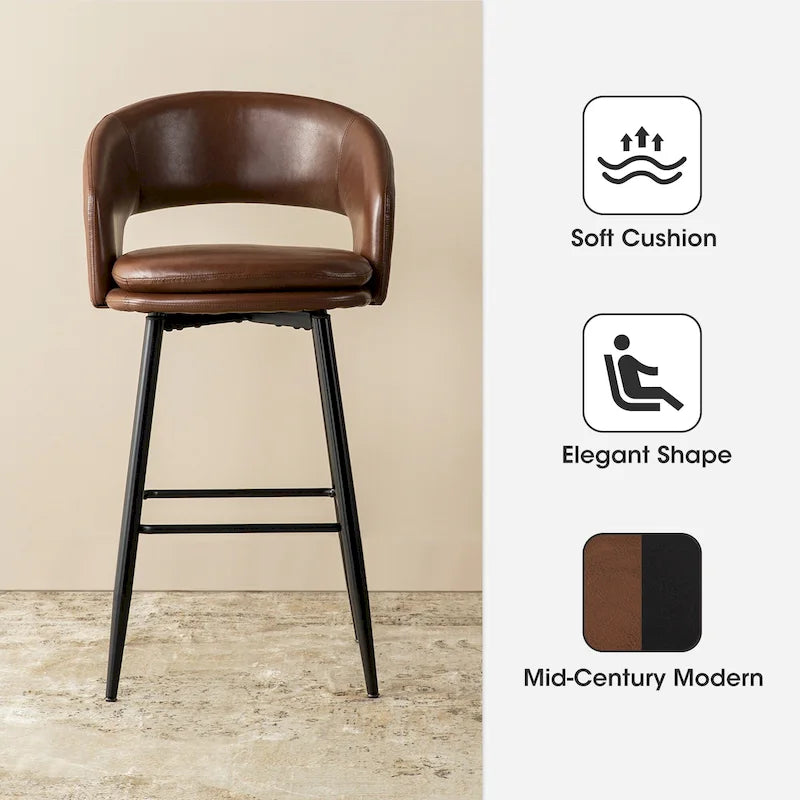 Sgabello da bar in similpelle stile moderno di metà secolo con borchie e gambe in metallo – Nero / Marrone
