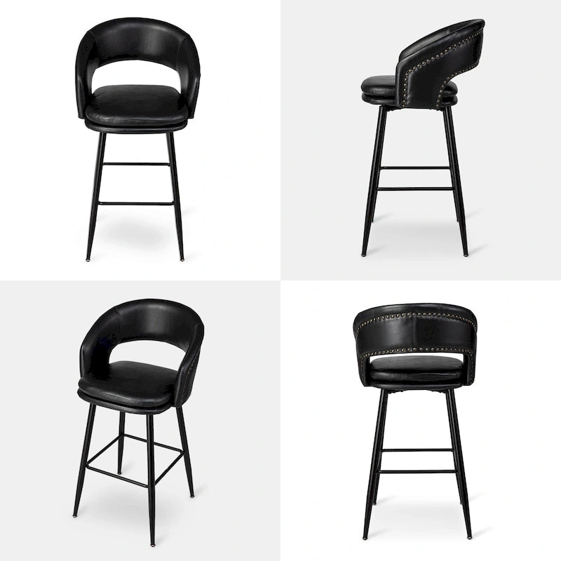 Sgabello da bar in similpelle stile moderno di metà secolo con borchie e gambe in metallo – Nero / Marrone