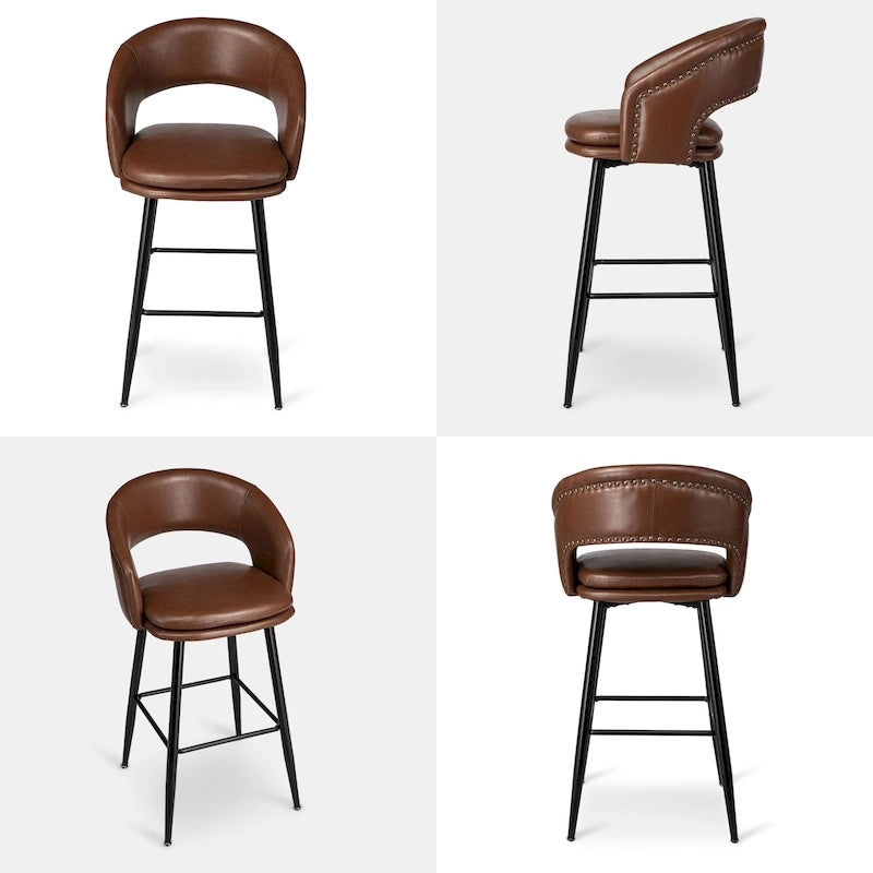 Sgabello da bar in similpelle stile moderno di metà secolo con borchie e gambe in metallo – Nero / Marrone