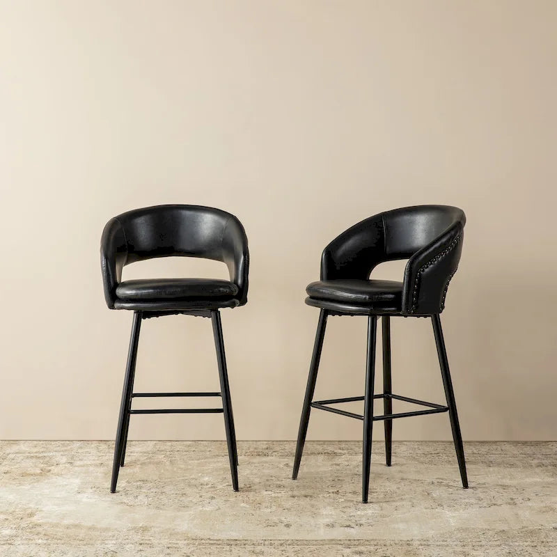 Sgabello da bar in similpelle stile moderno di metà secolo con borchie e gambe in metallo – Nero / Marrone