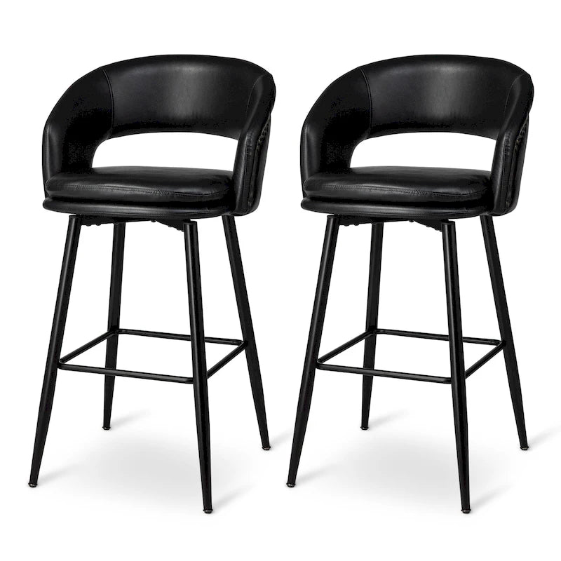 Sgabello da bar in similpelle stile moderno di metà secolo con borchie e gambe in metallo – Nero / Marrone