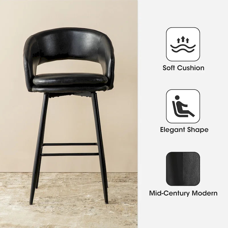 Sgabello da bar in similpelle stile moderno di metà secolo con borchie e gambe in metallo – Nero / Marrone