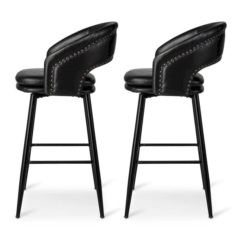 Sgabello da bar in similpelle stile moderno di metà secolo con borchie e gambe in metallo – Nero / Marrone
