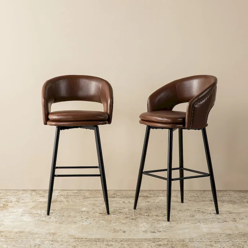 Sgabello da bar in similpelle stile moderno di metà secolo con borchie e gambe in metallo – Nero / Marrone